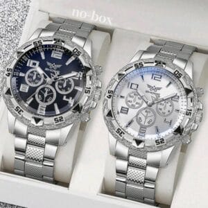 2PCS Men's Silver Stainless Steel Strap Temperament Business Style Quartz Watch Set, Suitable For Party Decoration, Leisure Travel