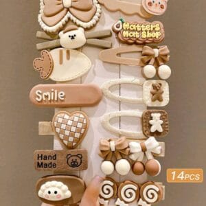 14pcs Women's Cute Milk Coffee Color Cartoon Design Hair Clips For Fringes
