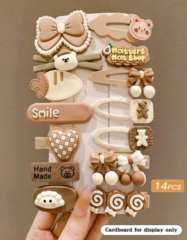 14pcs Women's Cute Milk Coffee Color Cartoon Design Hair Clips For Fringes