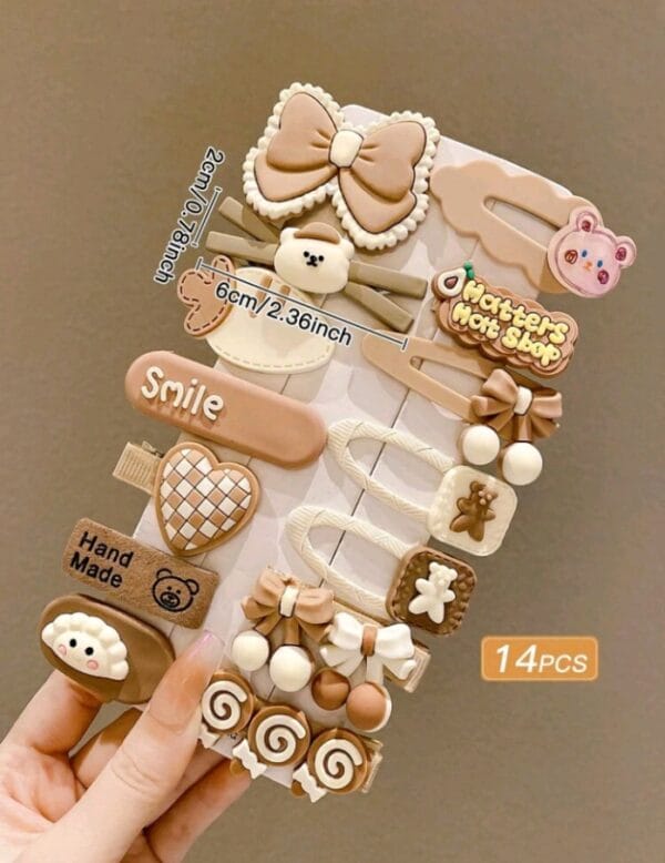 14pcs Women's Cute Milk Coffee Color Cartoon Design Hair Clips For Fringes - Image 2