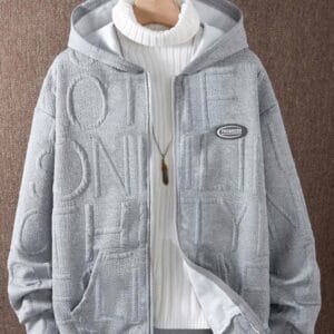 1pc Teenage Boys'' Letter Jacquard Textured Knit Fabric Hooded Zip-Up Jacket, Autumn