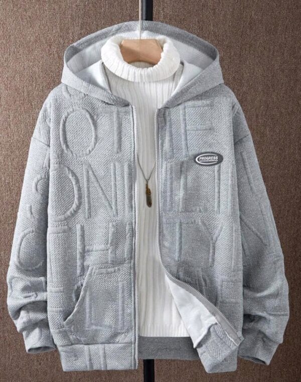 1pc Teenage Boys'' Letter Jacquard Textured Knit Fabric Hooded Zip-Up Jacket, Autumn