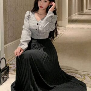 Women's V-Neck Plaid Print Button Front Splice Casual Long Sleeve Midi Dress