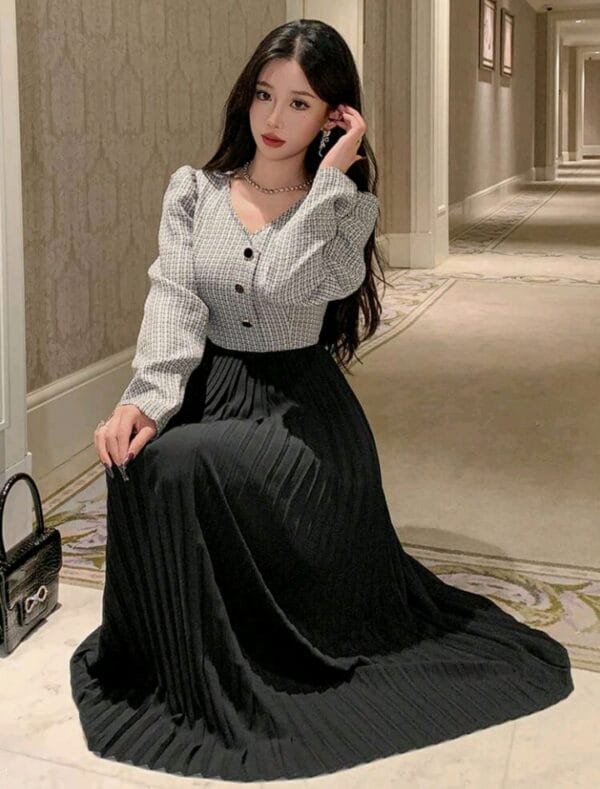 Women's V-Neck Plaid Print Button Front Splice Casual Long Sleeve Midi Dress