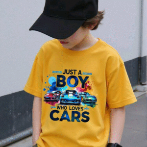 Young Boy "Just A Boy Who Loves Cars" Colorful 3D Car Print Round Neck Short Sleeve T-Shirt