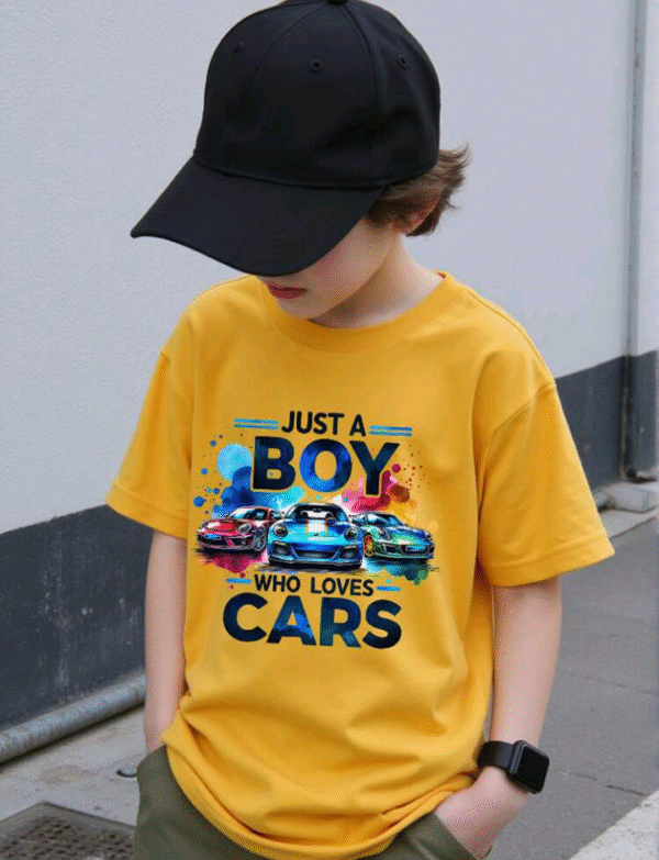 Young Boy "Just A Boy Who Loves Cars" Colorful 3D Car Print Round Neck Short Sleeve T-Shirt