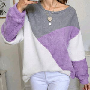 Teen Girl's Purple White Gray Contrast Color Block Loose Crew Neck Pullover Hoodie