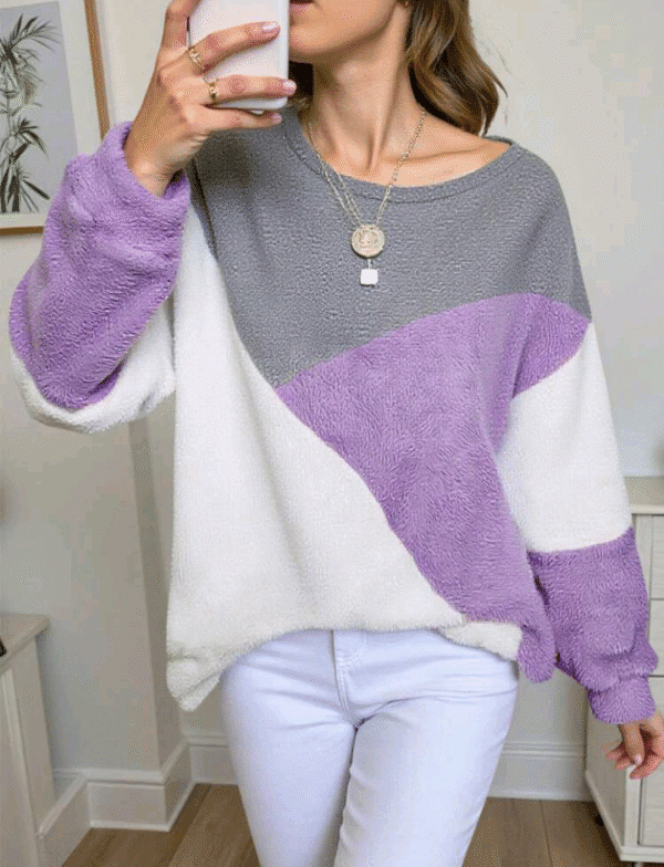 Teen Girl's Purple White Gray Contrast Color Block Loose Crew Neck Pullover Hoodie