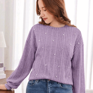 Teen Girl Purple Solid Ribbed Beaded Round Neck Drop Shoulder Loose Long Sleeve Sweatshirt