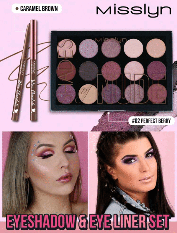 Misslyn 15color Eyeshadow 02& Eyeliner Set, Waterproof, Volumizing, Buildable, Creates Full, Voluminous-Looking Brows, , Pigmented Matte & Shimmer Shades, Long Lasting, Blendable Powder, Natural Colors, Rich Colors With Velvety Texture